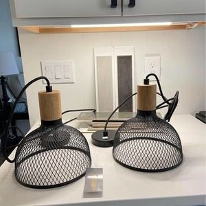 2 black metal mesh and wood detail hanging pendant lights